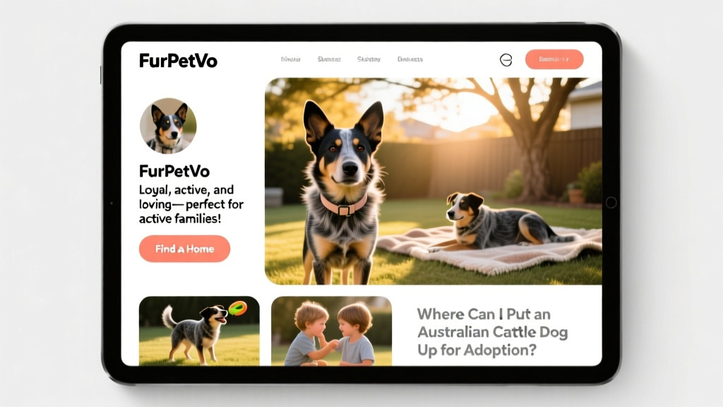 Screenshot-style image showing a clean, friendly FurPetVo profile page for an Australian Cattle Dog with photos, bio, and 'Find a Home' button