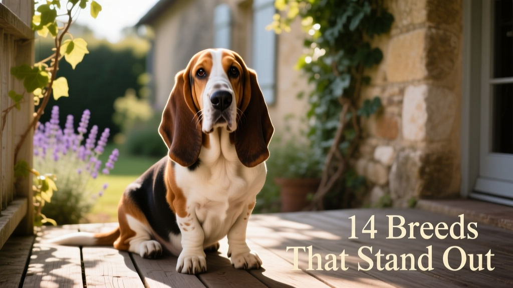A gentle Basset Hound sitting calmly on a sunlit porch, ears draped softly, nose alert and expressive