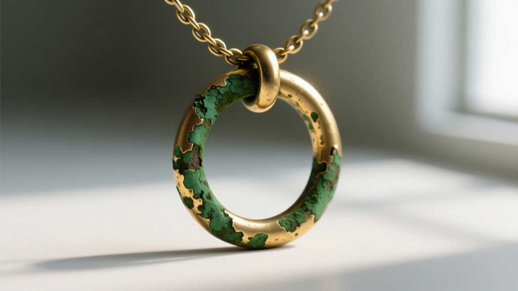 Macro shot of a tarnished brass jump ring on a necklace showing green corrosion where the chain connects to the metal clasp