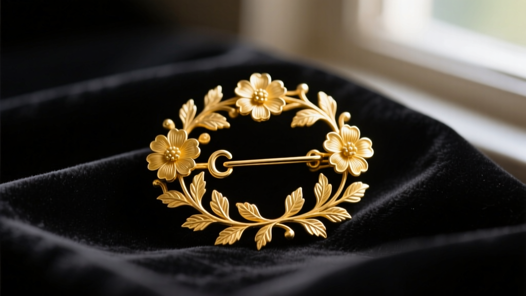 Macro photo of an 1880s Victorian yellow gold brooch featuring a C-clasp and hand-engraved floral motifs resting on dark velvet