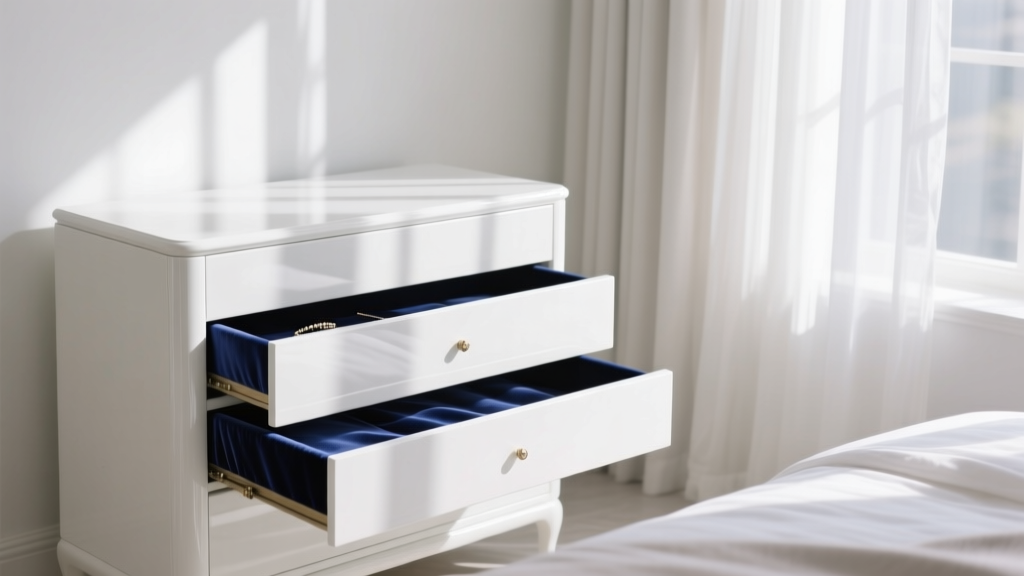 Pristine white lacquered jewelry armoire in a sunlit bedroom, drawers slightly open to reveal dark velvet interiors