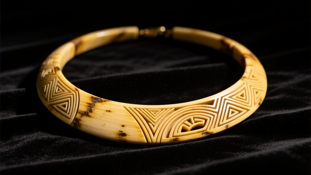 Antique carved bone necklace on dark velvet, showing yellowed patina and tribal motifs under warm directional studio lighting.