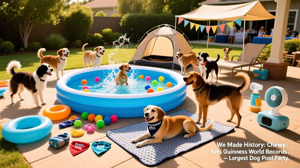 A colorful Frisco Pool Party Kit laid out with pool, toys, cooling mat, and sun-safe accessories