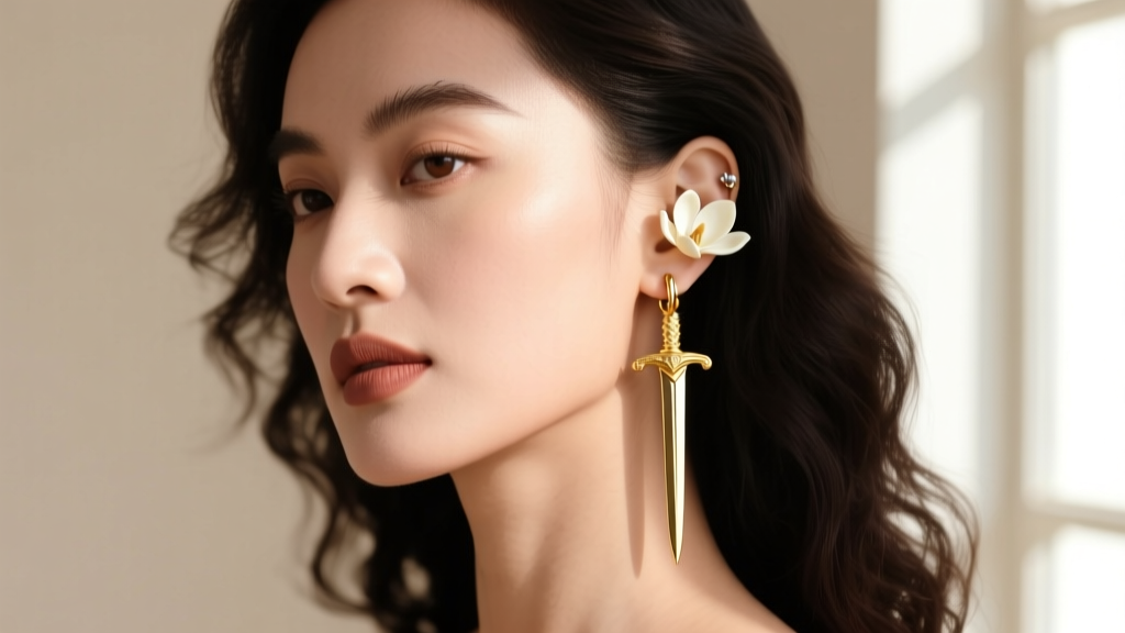 Profile of a woman wearing a 20-gauge gold mulan sword and magnolia huggie earring on her cartilage piercing in soft natural light
