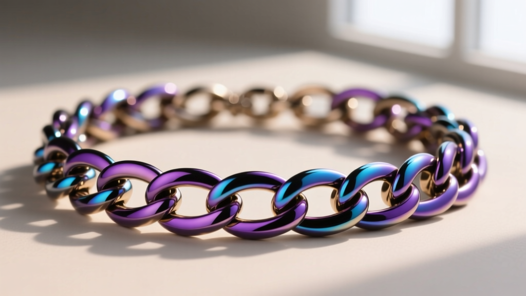 Macro shot of a titanium Byzantine chain necklace showing interlocking rings anodized in iridescent purple and blue tones.