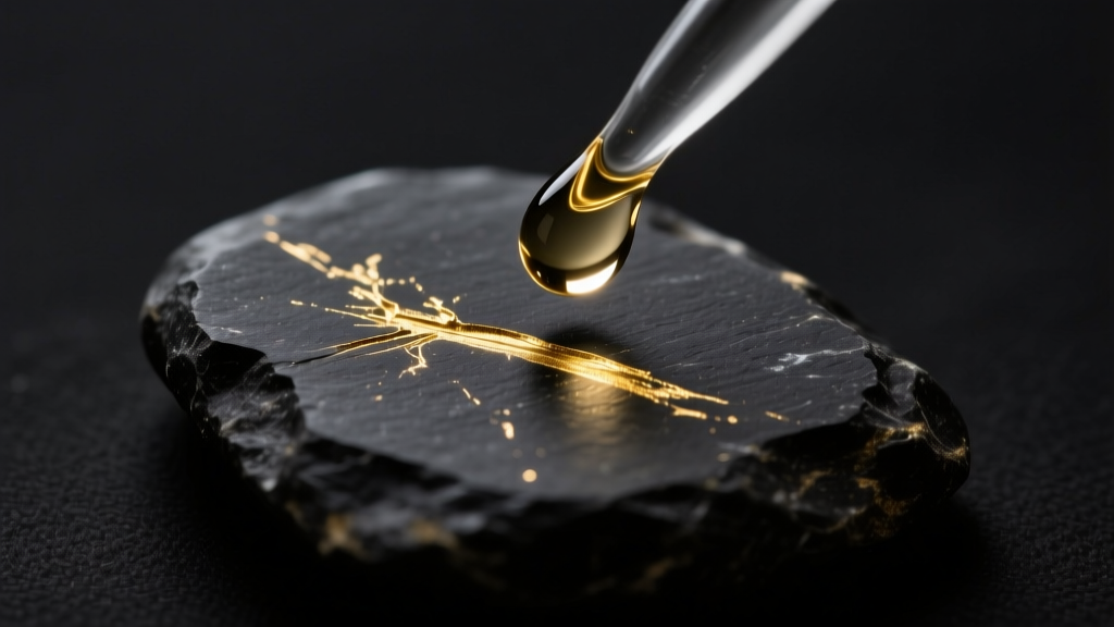 Nitric acid on a black testing stone with a gold scratch, showing no color change to verify 18k purity under bright focused light.