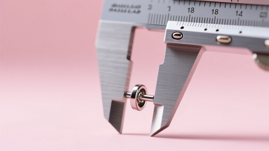 Macro shot of digital calipers measuring an 18-gauge titanium earring post thickness against a soft blurred pastel pink background.