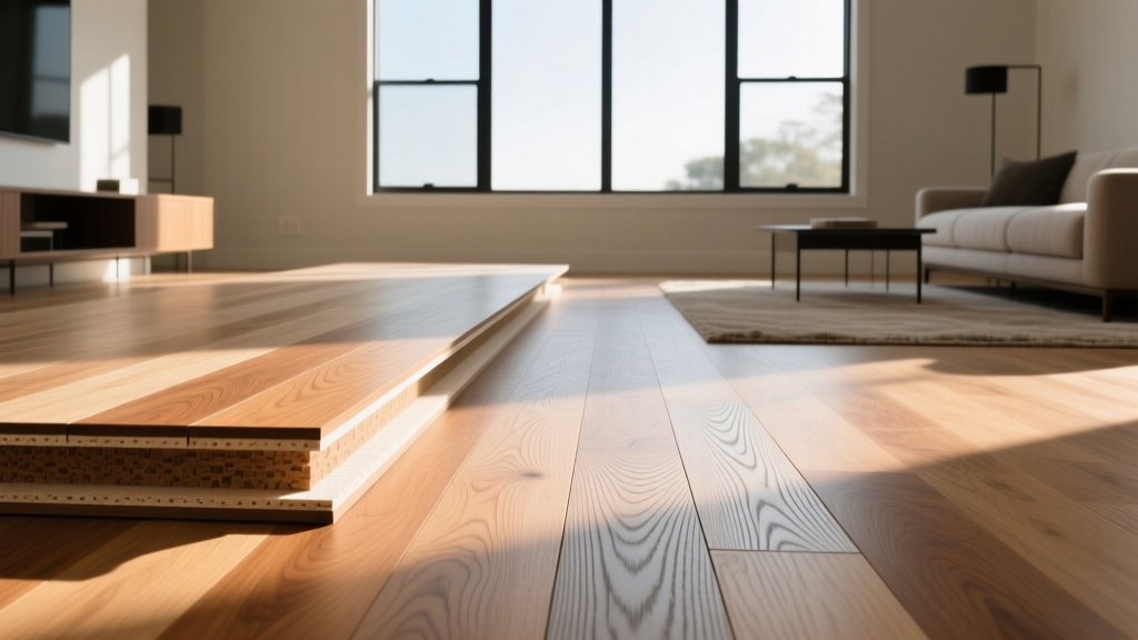 Cross-section of engineered white oak hardwood flooring installed in a sunlit modern living room showing detailed grain and beveled edges