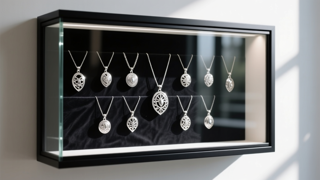 Glass-front wall jewelry shadow box featuring dark anti-tarnish fabric lining and neatly hung sterling silver pendants inside.