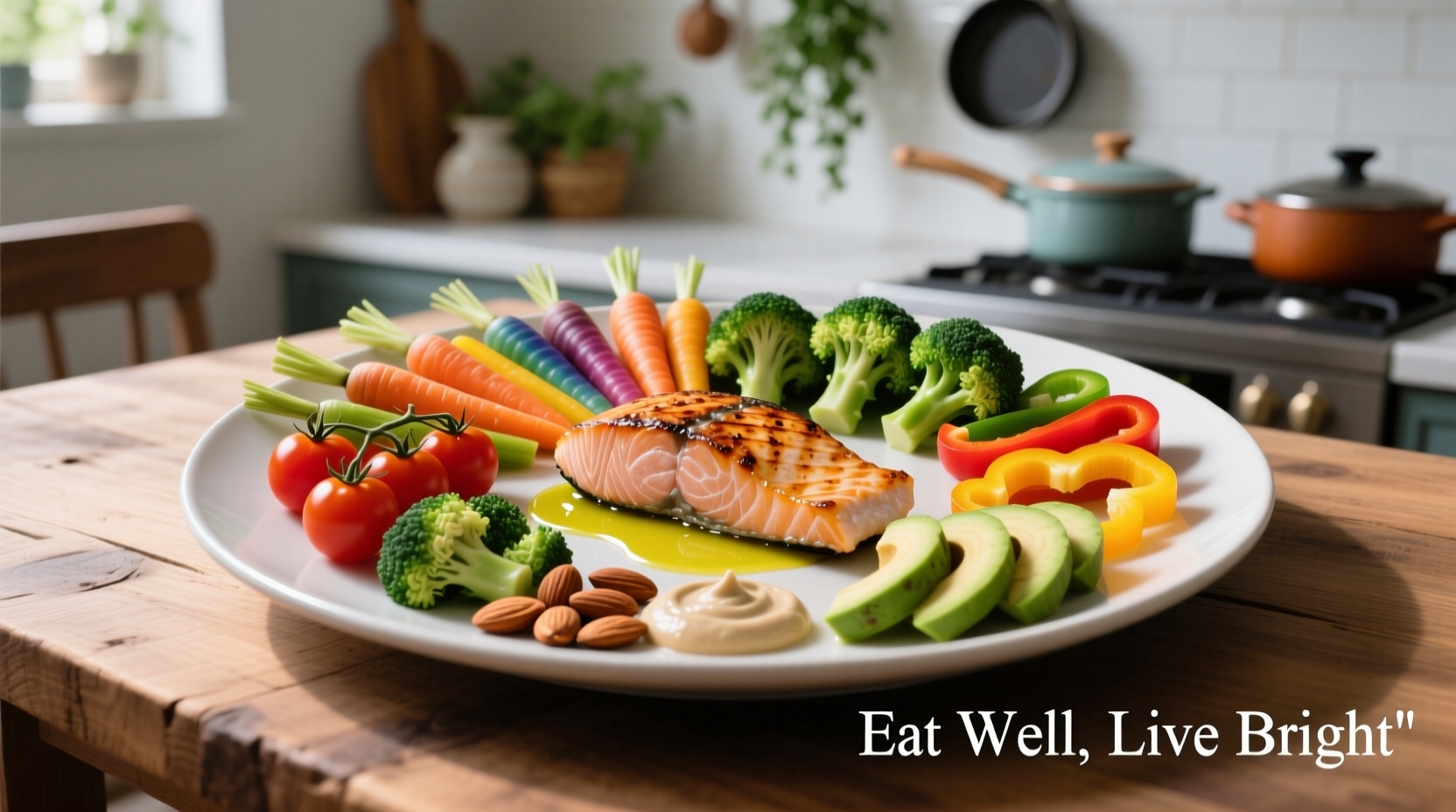 Colorful plate with vegetables, lean protein and healthy fats