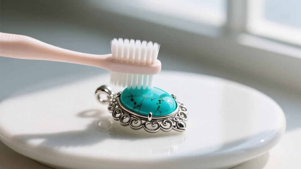 Soft baby toothbrush gently scrubbing intricate silver filigree around a turquoise pendant, avoiding the porous gemstone surface.