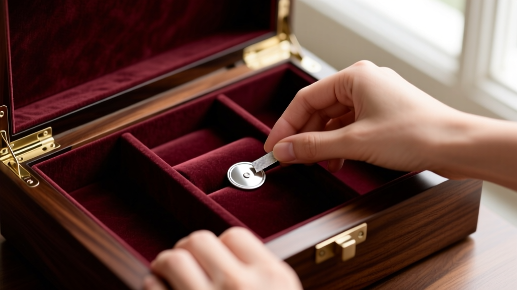 Hands placing an anti-tarnish tab into a velvet compartment of a dark wood jewelry making organizer designed for silver storage