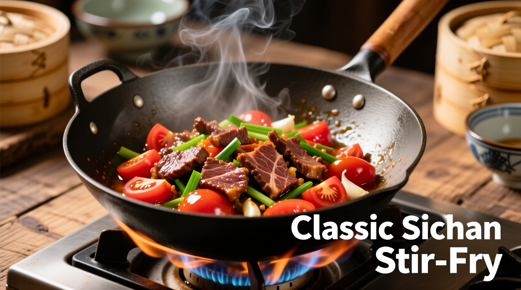 Chinese beef and tomato stir-fry in wok