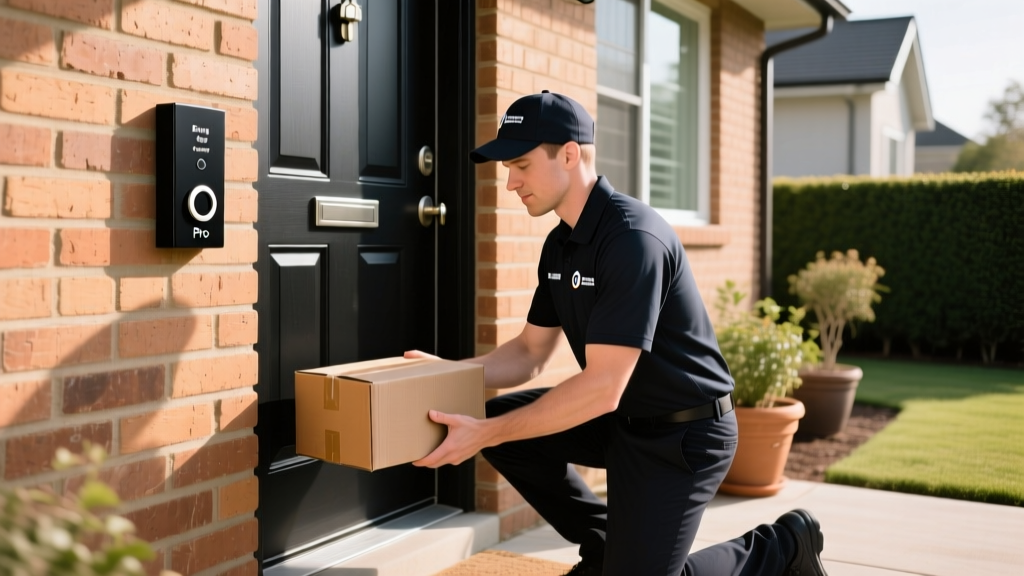 Ring Battery Doorbell Pro mounted on a brick exterior wall capturing a delivery driver dropping off a cardboard package