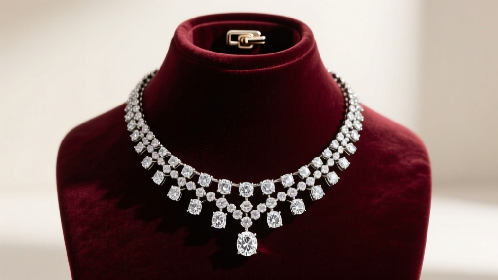 Heavy diamond statement necklace on a velvet bust, showcasing intricate platinum prong settings and a secure hidden box clasp.
