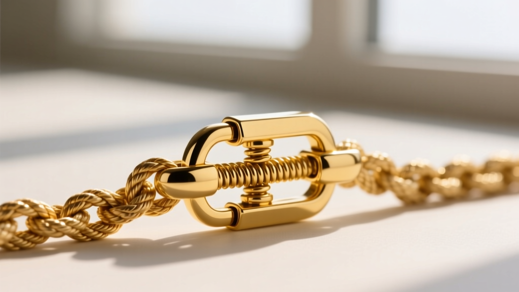 Macro shot of a 14k yellow gold lobster clasp securing an 18 inch rope chain showing the metal texture and spring mechanism detail