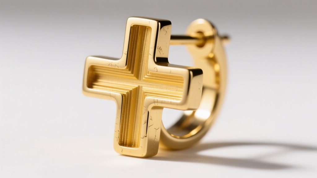Extreme macro of gold-plated earring cross-section, showing a brass core beneath the thin yellow gold outer plating layer.