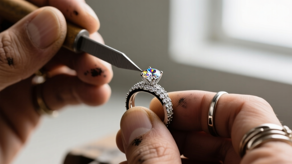Jeweler hands using a graver tool to hand-set a micro-pavé diamond into a forged 950 platinum high jewelry ring mount