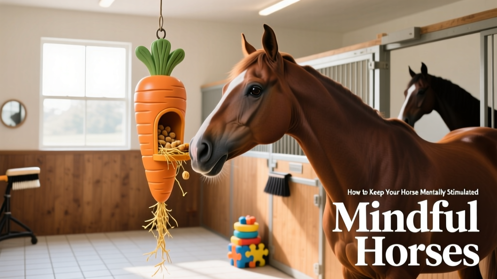 A horse interacting with a hanging carrot-shaped treat dispenser in a clean, well-lit stall