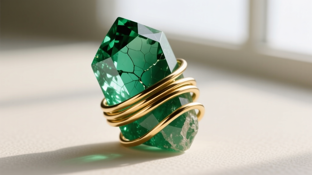 Macro shot of 20-gauge 14k gold-filled wire intricately wrapping a raw, uncut green emerald crystal with natural inclusions