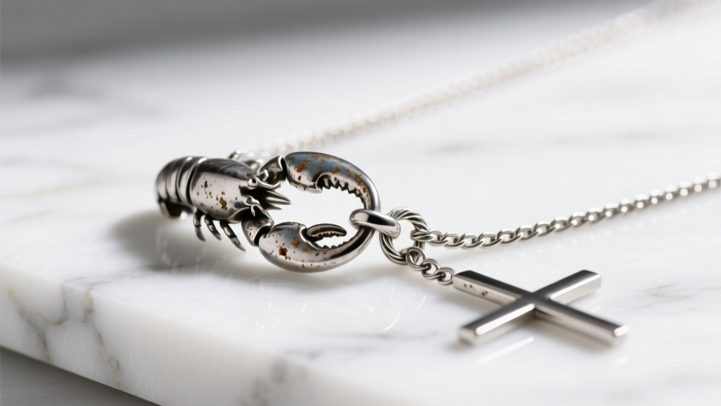 Macro shot of a tarnished lobster clasp and thin cable chain of a fashion cross necklace resting on a clean white marble surface