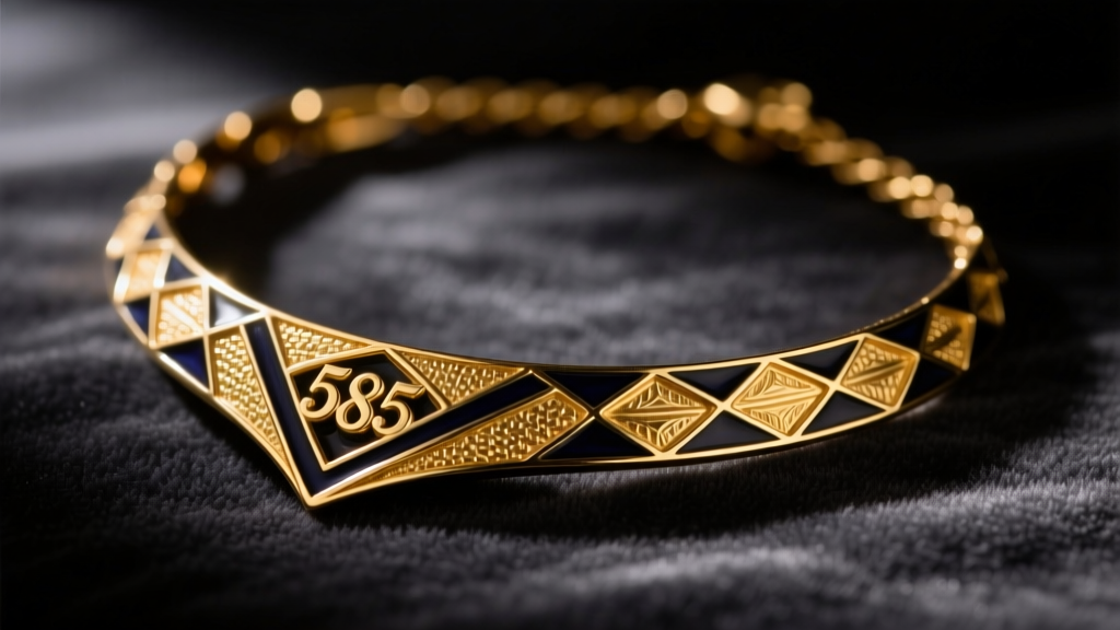 Vintage 585 gold German necklace with dark enamel resting on charcoal velvet under warm studio light, close-up macro photo