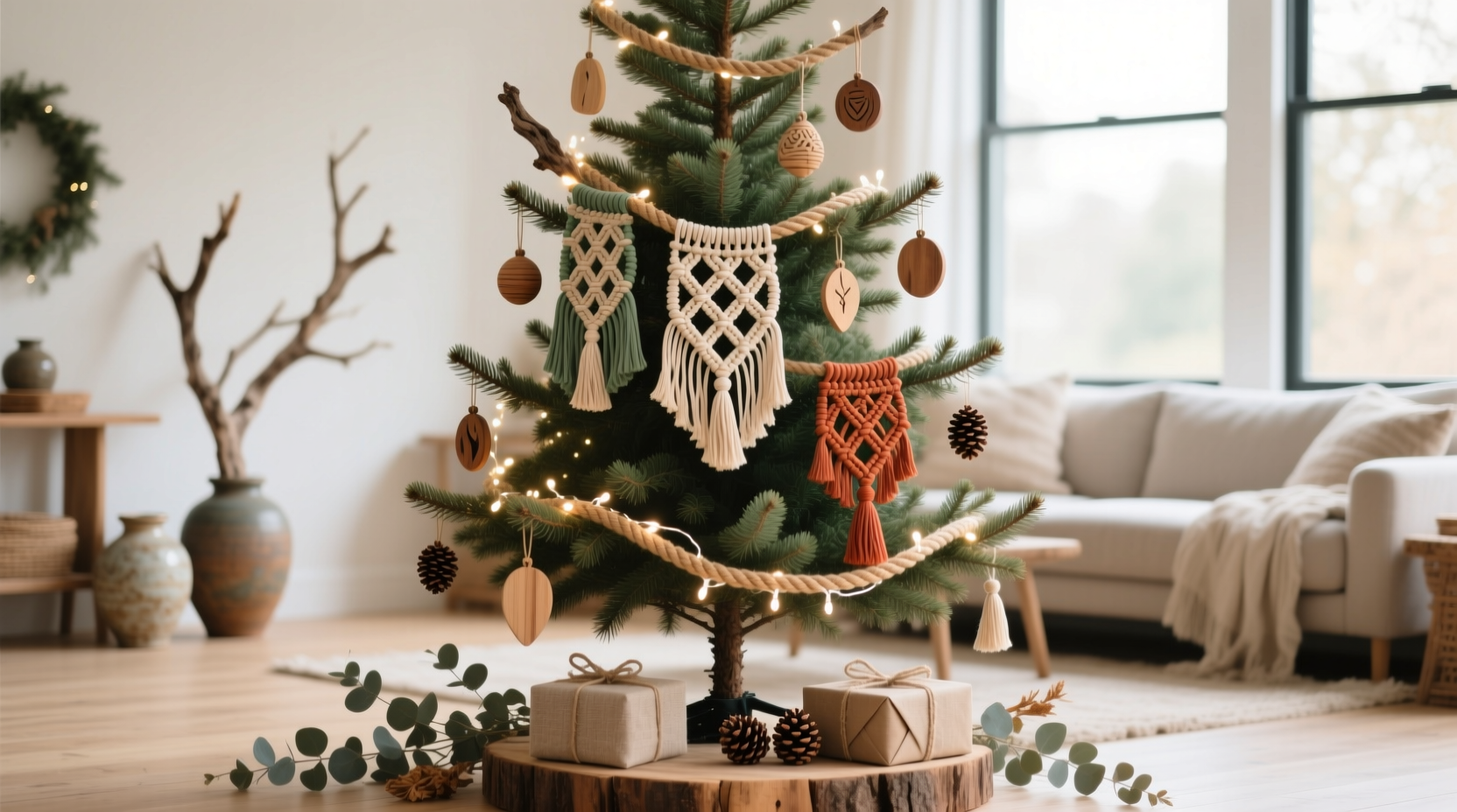 how to create a boho chic christmas tree with macrame and wood accents