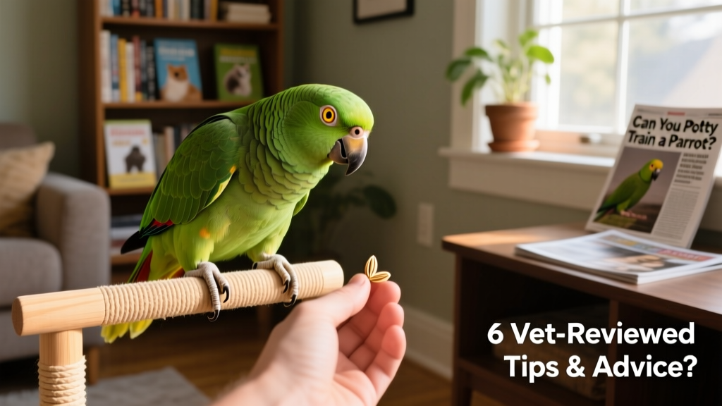 A calm, confident parrot stepping willingly onto a lined training perch while its owner offers a small treat
