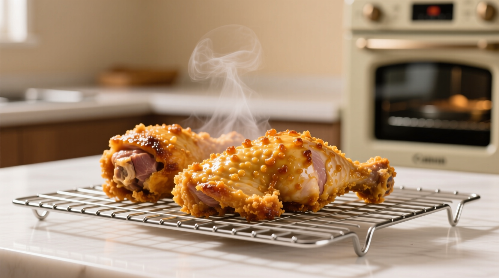 Crispy golden oven fried chicken on wire rack