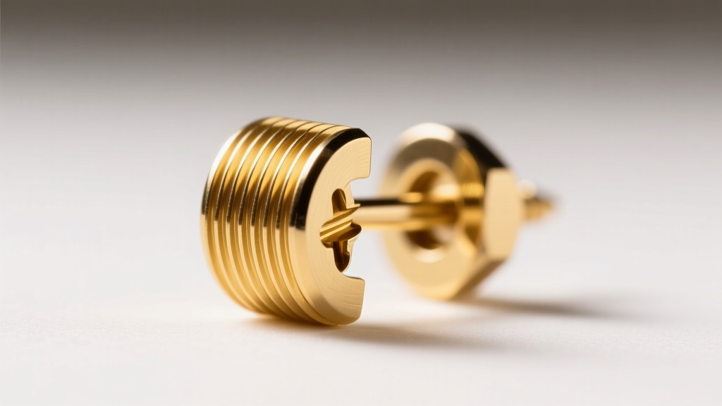 Macro shot of a 14k gold screw back earring mechanism, highlighting the precise thread pitch and polished metal finish