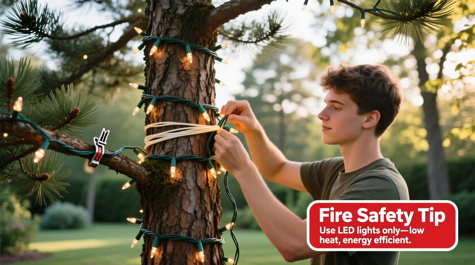 how to safely wrap fairy lights around a real tree without damaging branches or causing fire risk