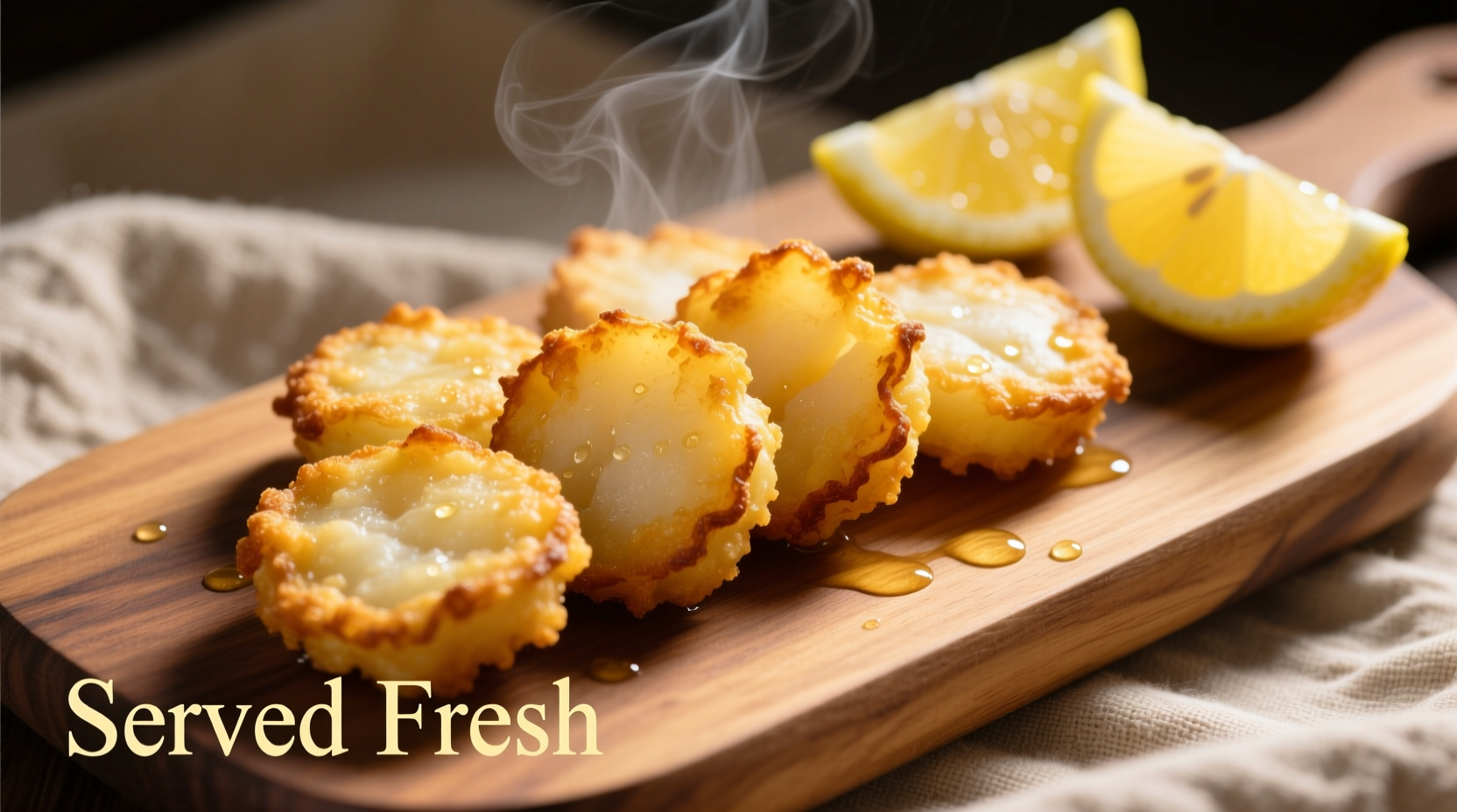 Golden fried potato scallops served with lemon wedges