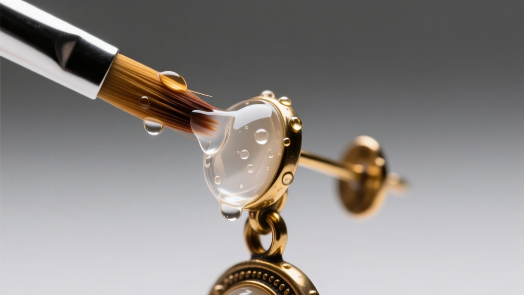 Macro shot of a brush applying clear sealant to a vintage brass earring post, illuminated by bright, focused LED studio lights.