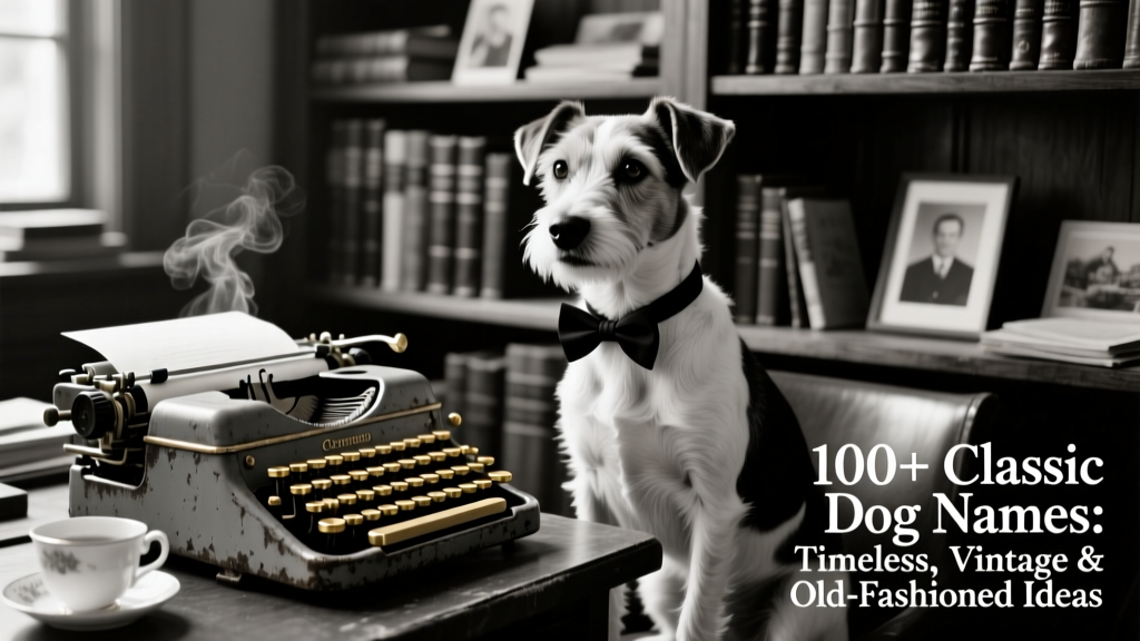 A black-and-white photo-style image of a dapper terrier wearing a bowtie and sitting beside a vintage typewriter