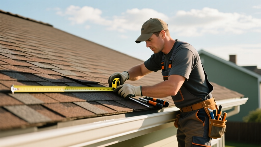 Roofing contractor measuring the thickness of existing asphalt shingle layers on a residential roof edge before a tear-off