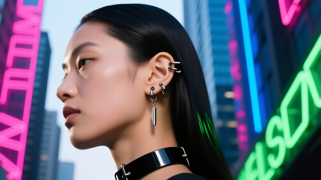 Side profile of a model with multiple ear piercings featuring black industrial cuffs and dangles against a neon urban backdrop