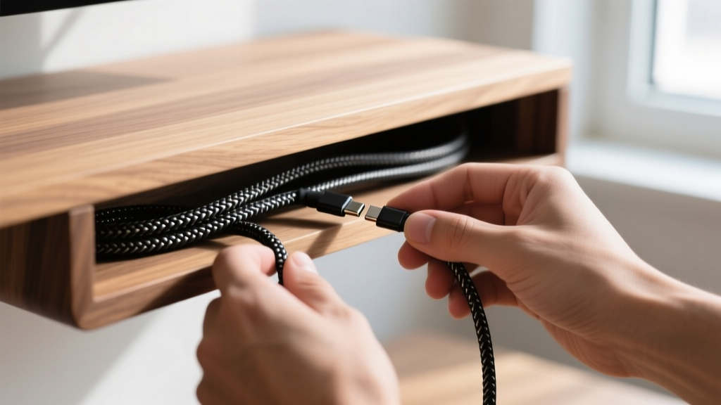 Hands routing braided USB-C cables through the integrated cable management tray underneath a wooden Grovemade desk shelf