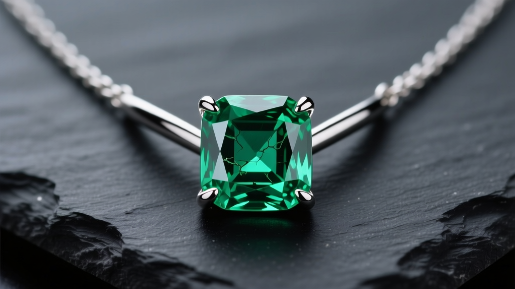 Macro view of an emerald cut emerald necklace on dark slate, showing green inclusions and platinum V-prongs under soft light.