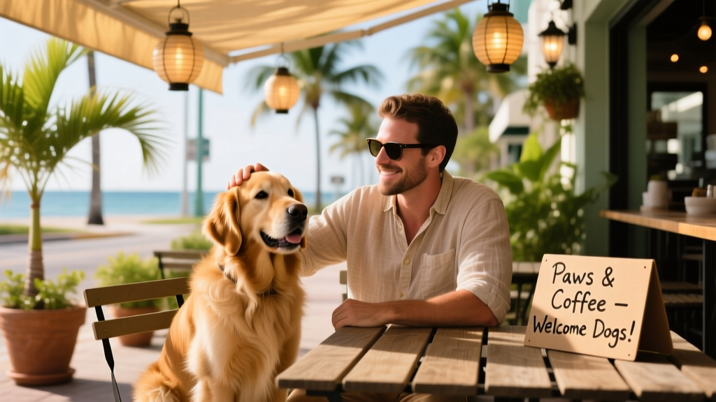A dog sitting comfortably beside its owner at an outdoor table at a dog-friendly Fort Lauderdale restaurant