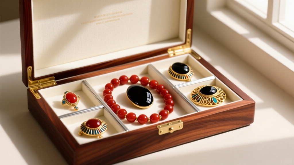 Open mahogany box with anti-tarnish cloth showing Egyptian revival carnelian, onyx, and gold pieces separated by dividers
