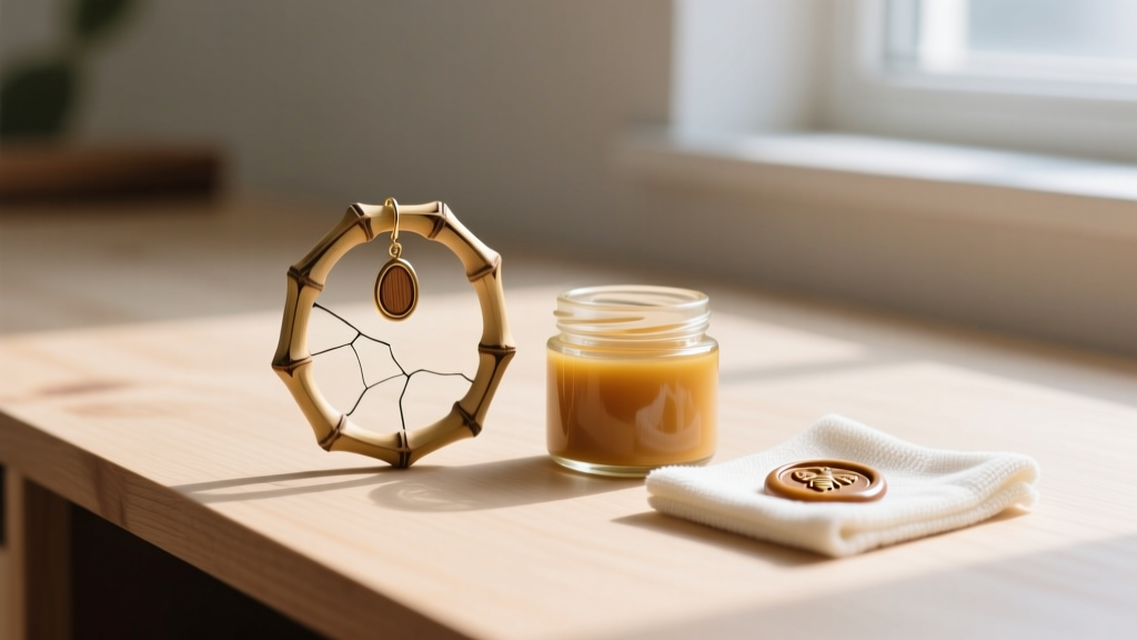 Cracked bamboo hoop earring beside a jar of beeswax wood sealant and a microfiber cloth on a bright wooden desk surface.