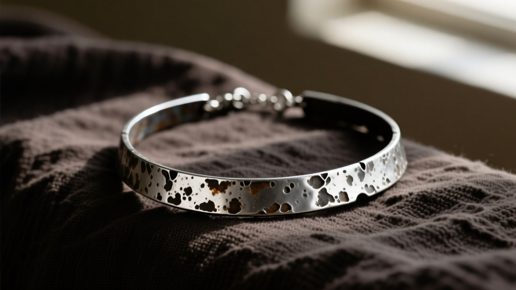 Textured silver and iron necklace on dark linen, highlighting the weathered, rustic metal aesthetic in soft natural window light.