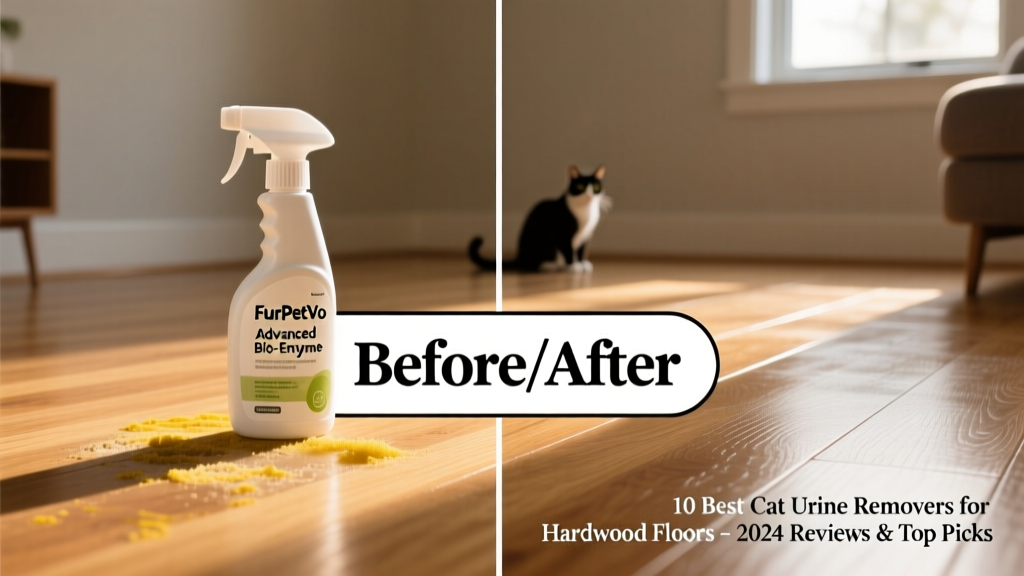 Bottle of FurPetVo Advanced Bio-Enzyme spray next to a clean, gleaming hardwood floor section with 'Before/After' label