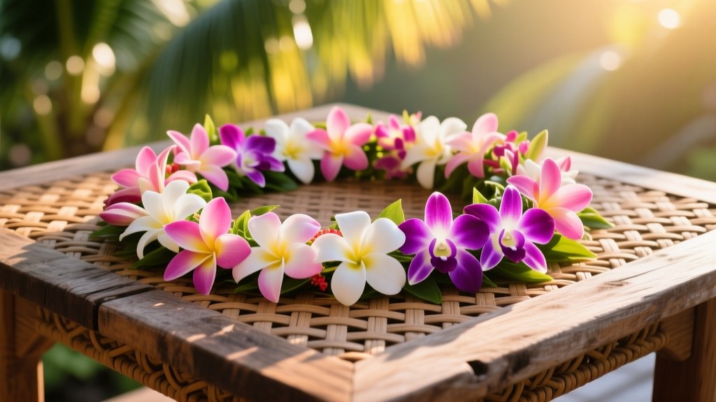 Vibrant Hawaiian plumeria and orchid flower lei draped over a woven wooden table illuminated by bright, warm natural sunlight