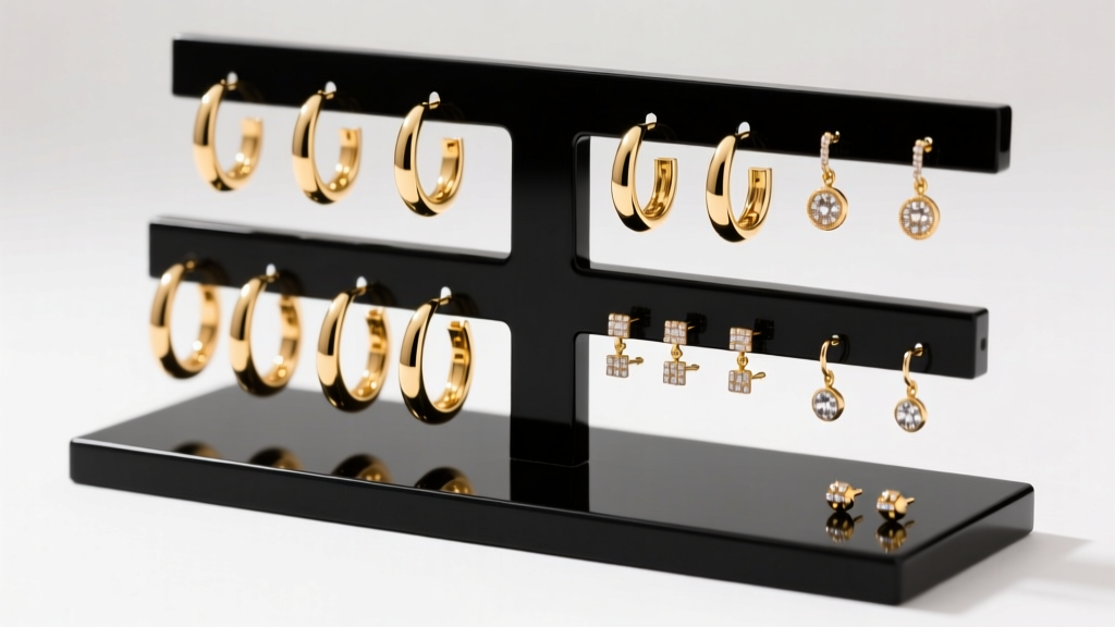 Matte black acrylic jewellery earring stand displaying 18-karat gold hoop and stud earrings under soft, diffused studio lighting