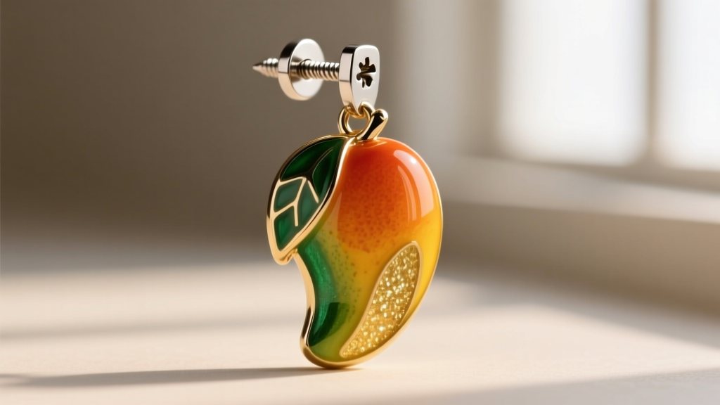 Macro view of a titanium screw-back earring post securing a heavy enamel mango drop against a softly blurred neutral background