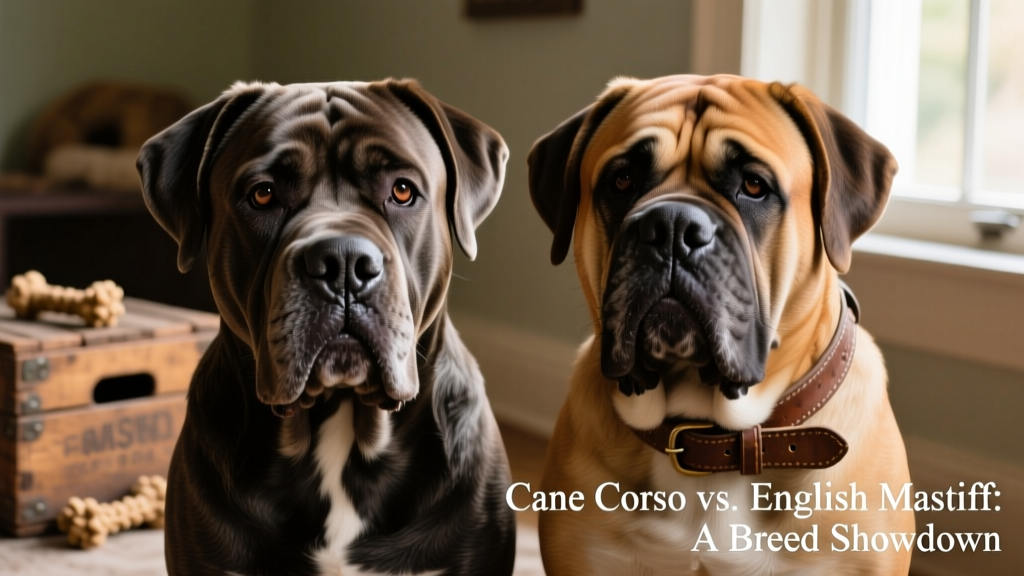 Close-up portrait showing the distinct facial features of a Cane Corso (alert, defined jaw) and an English Mastiff (wrinkled brow, loose jowls)