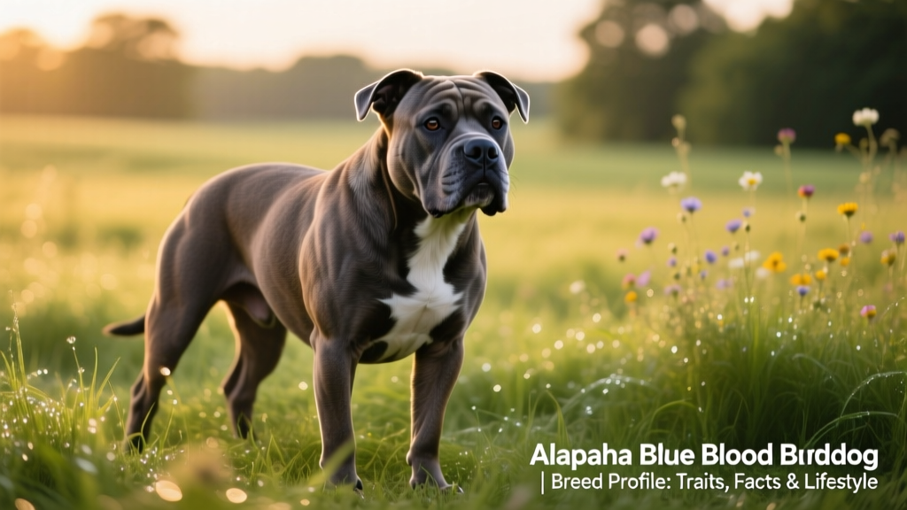 A confident, muscular Alapaha Blue Blood Bulldog standing alert in a grassy field