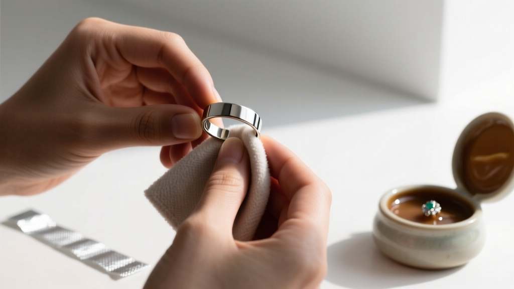 Hands polishing a mixed-metal ear cuff with a microfiber cloth next to an anti-tarnish strip and a small pot of jewelry wax