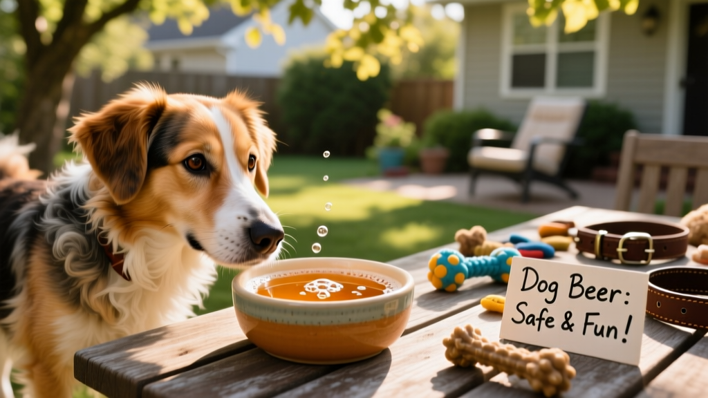 A happy dog gently dipping its nose into a shallow bowl of amber-colored dog beer